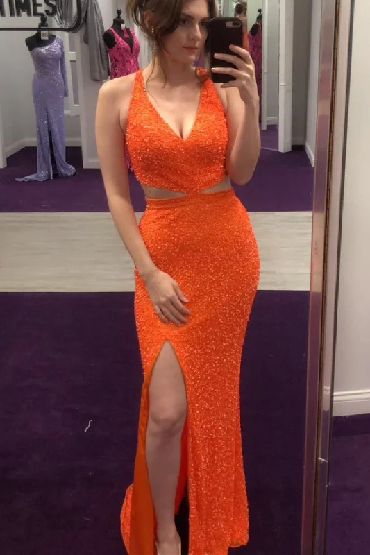 satin prom dressesSexy Orange Mermaid Side Slit Long Prom Dress