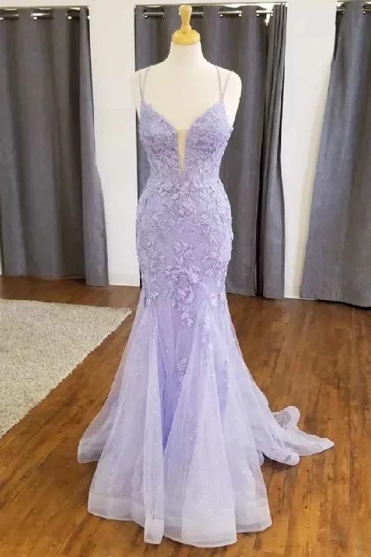 long prom dressesMermaid Lavender Floral Lace Straps Long Prom Dress