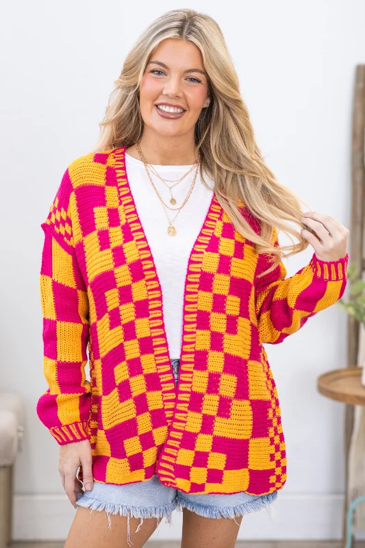 Women's SweatersPink and Orange Checkerboard Knitted Cardigan