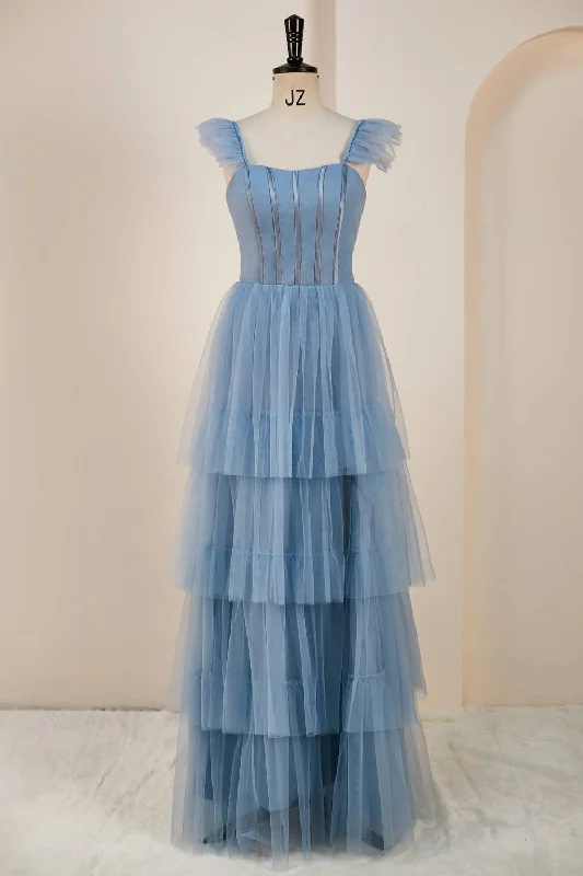 two-piece prom dressesDusty Blue Flutter Sleeves A-line Multi-Layers Long Prom Dress with Slit