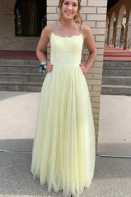 two-piece prom dressesStraps A-Line Yellow Long Prom Dress with Slit