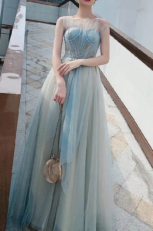 short prom dressesElegant A-Line Light Blue Long Prom Dress with Appliques