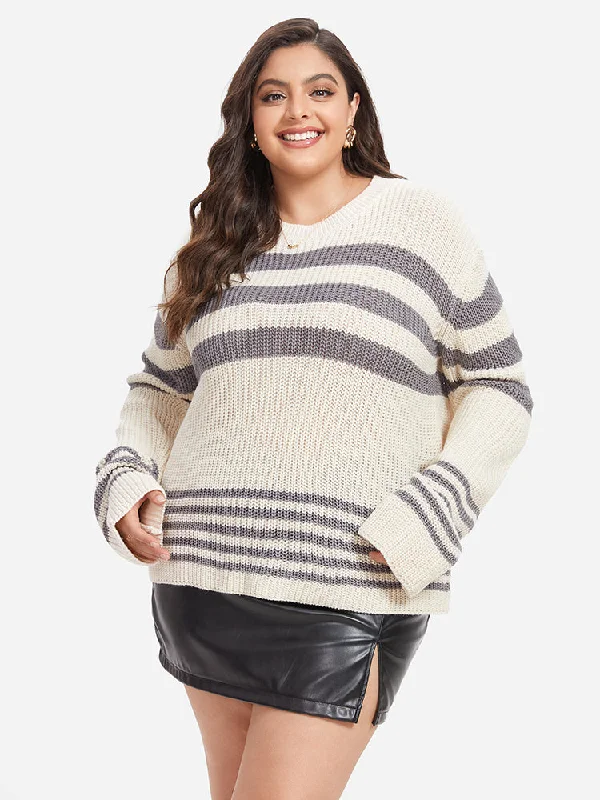 Crewneck Fair Isle SweatersStriped Pattern Drop Shoulder Sweater