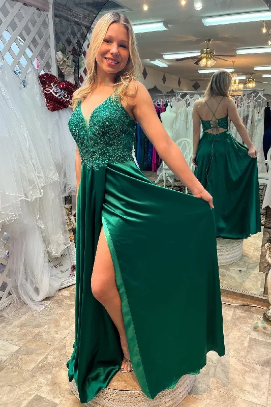 petite prom dressesDark Green V Neck Lace-Up Back Beaded Appliques Long Prom Dress with Slit