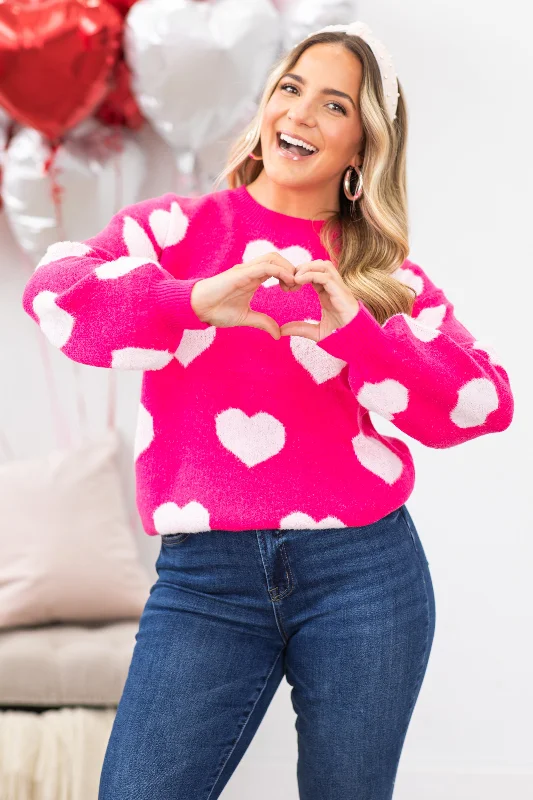 Fair Isle SweatersHot Pink Heart Drop Shoulder Sweater