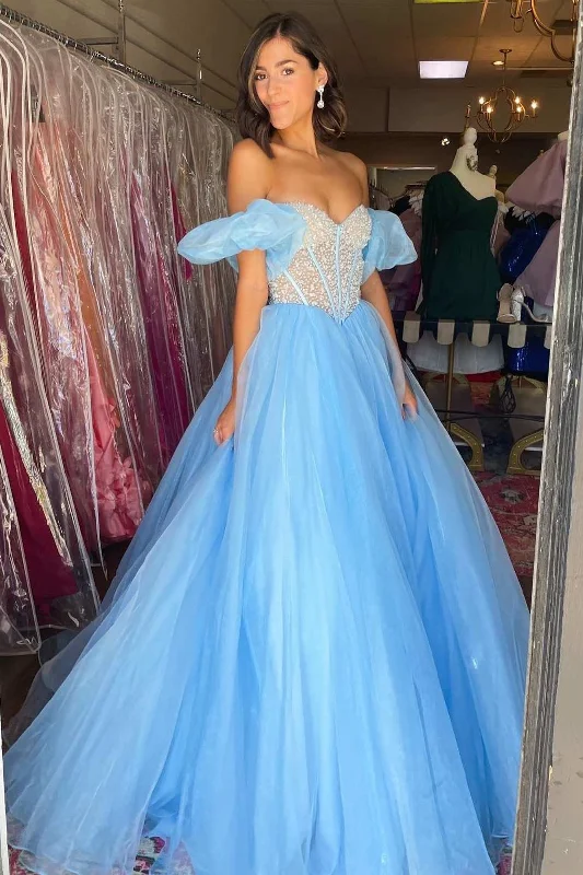 off-shoulder prom dressesPrincess Blue Beaded Strapless A-Line Prom Dress with Puff Sleeves