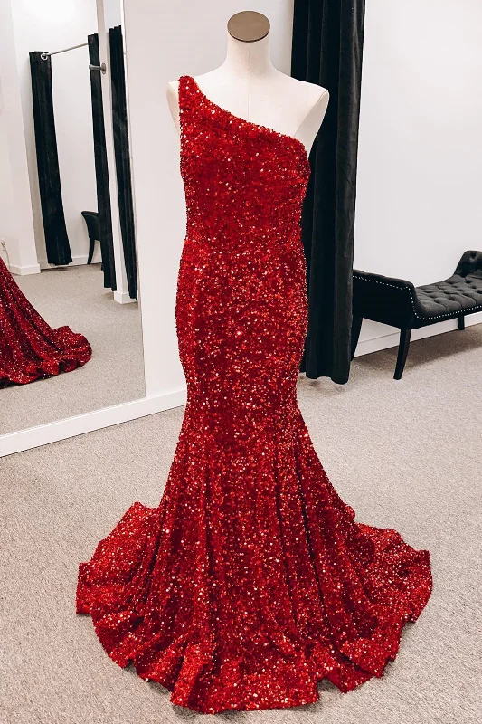 prom dresses with trainsOne-Shoulder Red Sequin Backless Mermaid Long Prom Dress