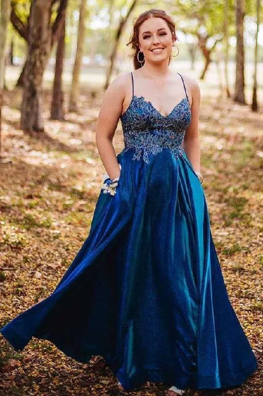 animal print prom dressesNavy Blue A-line Appliques Long Prom Dress with Pockets