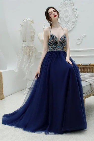 prom dress alterationsElegant Halter Beaded Navy Blue Long Prom Dress