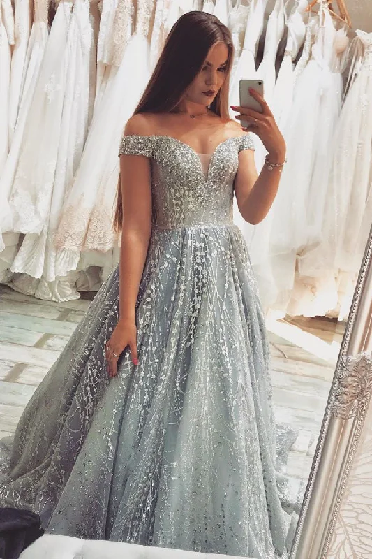 empire waist prom dressesGorgeous Off the Shoulder Silver Beaded Long Prom Dress