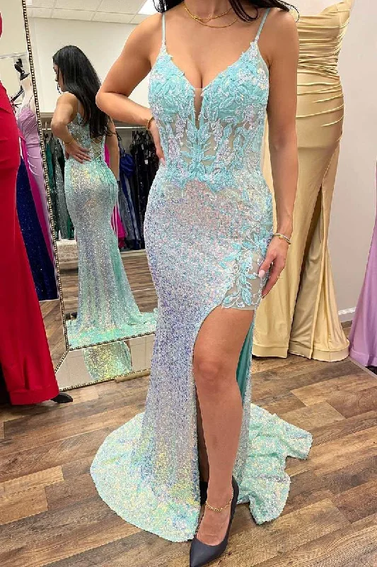 prom dresses with sequin detailingLight Blue Iridescent Sequin Floral Lace Mermaid Long Prom Dress with Slit