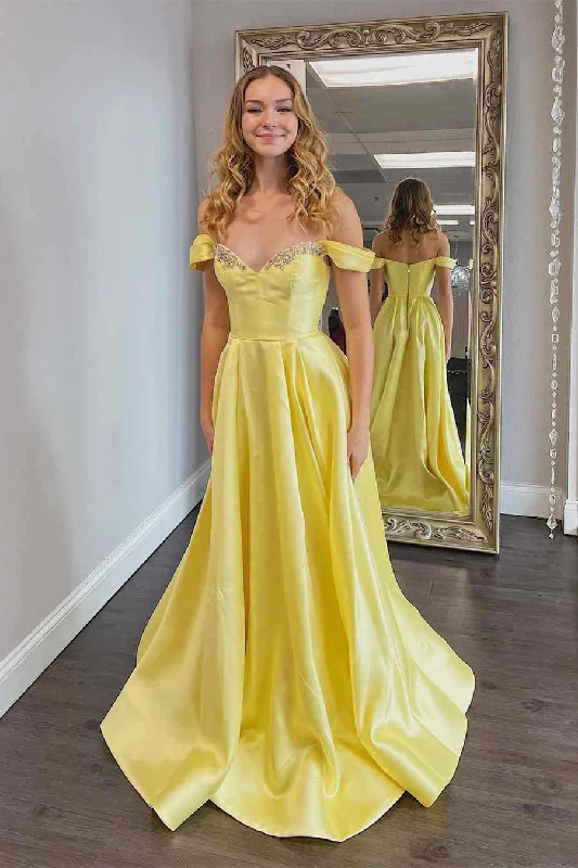 off-shoulder prom dressesA-Line Off the shoulder Yellow Prom Dress