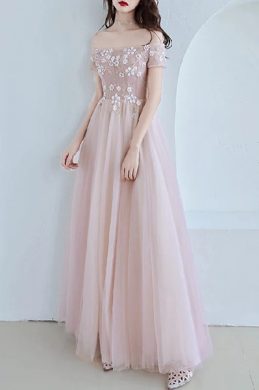 sparkly prom dressesElegant Off the Shoulder Appliques Blush Pink Long Prom Dress