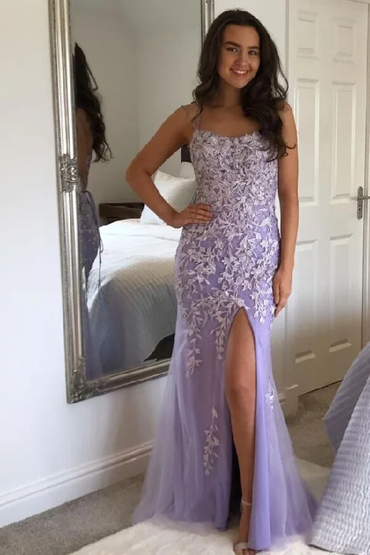 prom dresses with lace appliquésElegant Mermaid Lavender Lace Appliques Long Prom Dress