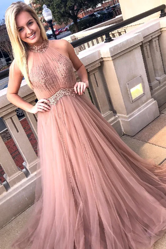 animal print prom dressesA-Line Halter Long Blush Pink Prom Dress with Beaded Sash