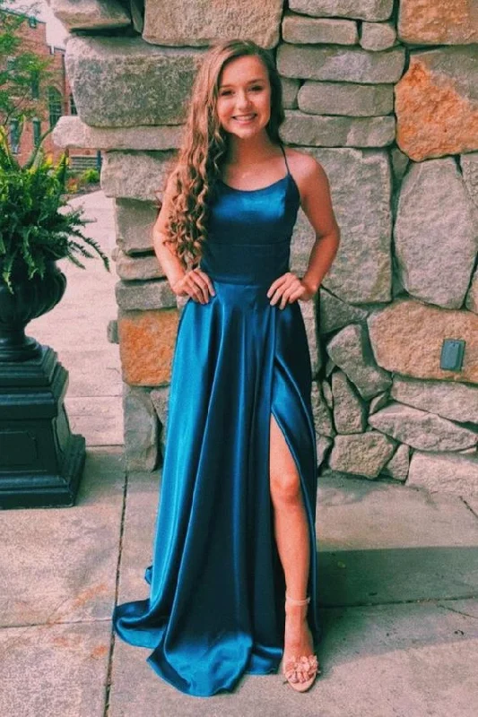 short prom dressesTeal Blue Silk Satin Scoop Neck Long Prom Dress with Slit