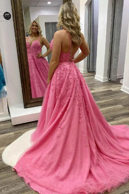 prom dresses with built-in petticoatsHot Pink A-line Lace Appliques Prom Dress