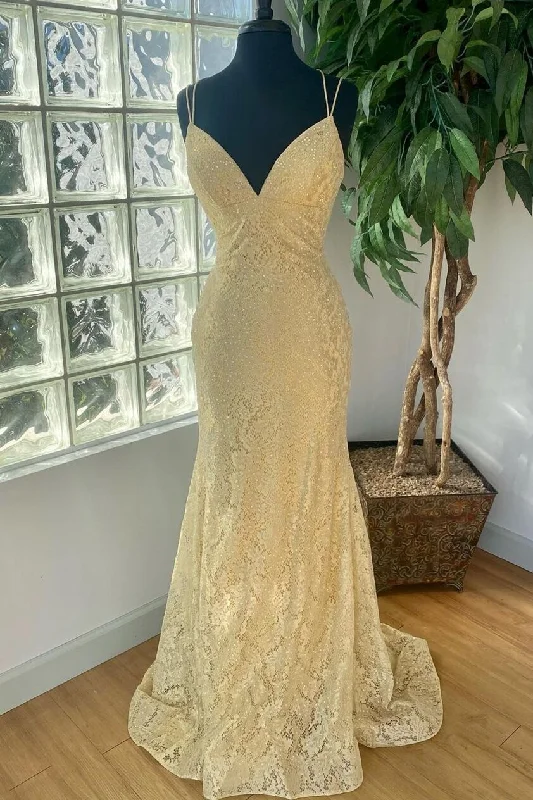 prom dresses with beaded accentsElegant Gold Mermaid Lace Long Prom Dress