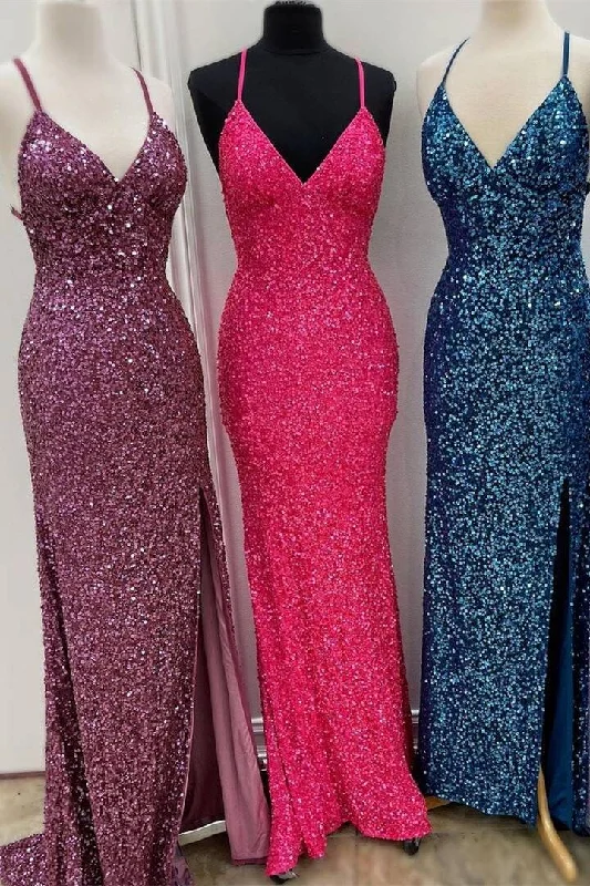 lace prom dressesSparkle Mermaid Sequin Long Prom Dress with Slit