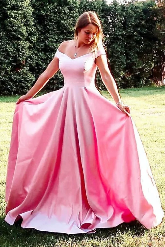 prom dresses with detachable sleevesSimple A-Line Off Shoulder Pink Long Prom Dress