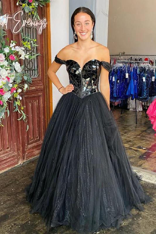 long prom dressesBlack Mirror-Cut Sequins Top Off-the-Shoulder A-line Tulle Long Prom Dress