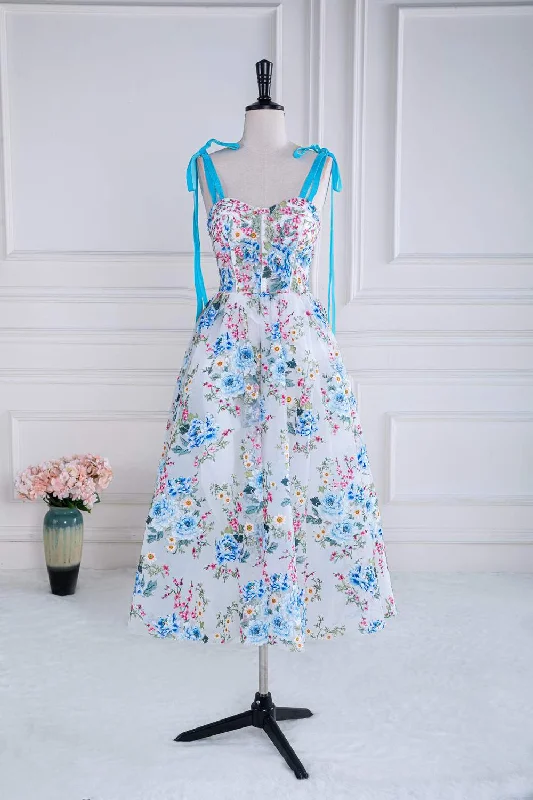 bodycon prom dressesBlue and White Floral Bow Tie Straps A-line Tea-Length Prom Dress