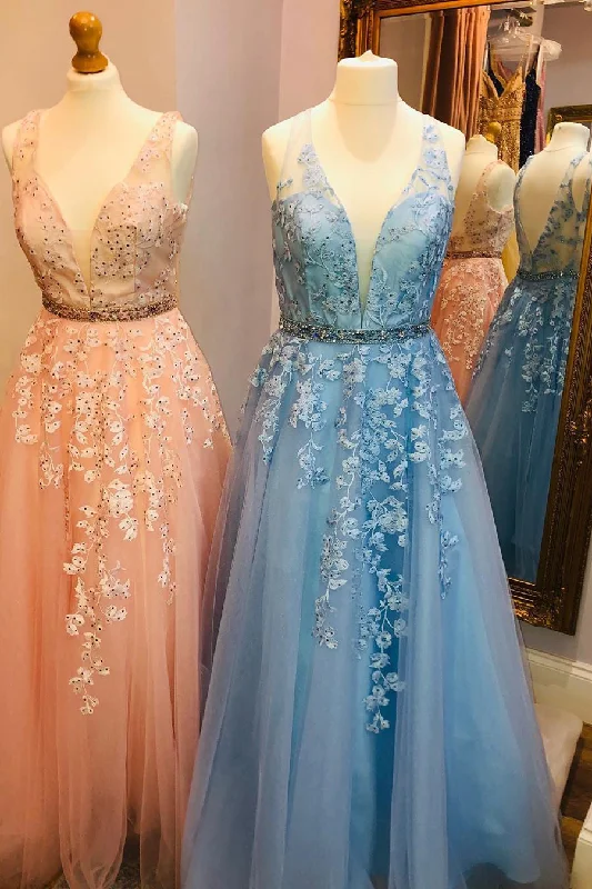 sleeveless prom dressesElegant V Neck Appliques A-Line Long Tulle Prom Dress