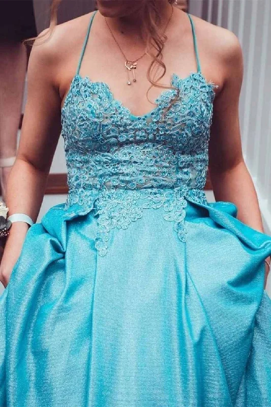 geometric print prom dressesBlue A-line Lace Appliques Long Prom Dress with Lace Up Back