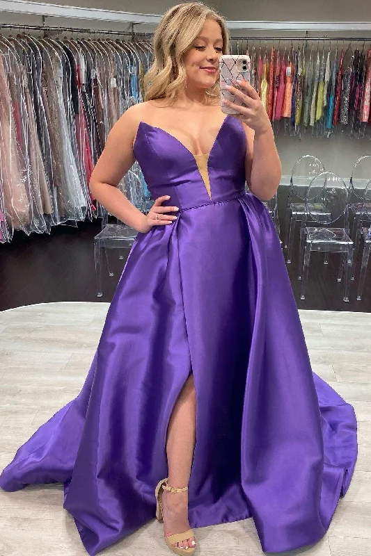 illusion neckline prom dressesPurple Strapless A-Line prom Dress with Slit