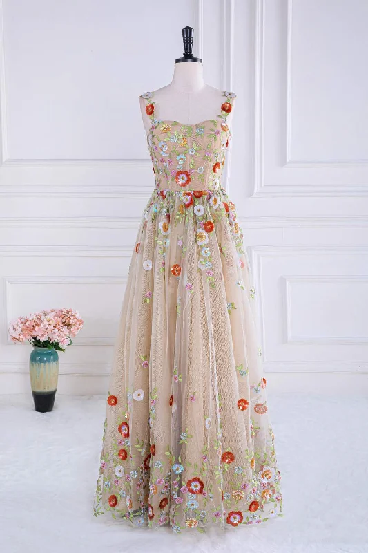 pastel prom dressesDusty Pink Sequined Floral Appliques A-line Long Prom Dress