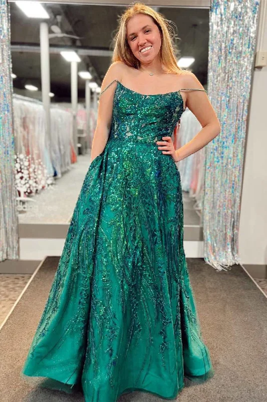 lace prom dressesEmerald Green Appliques Lace-Up A-Line Prom Gown