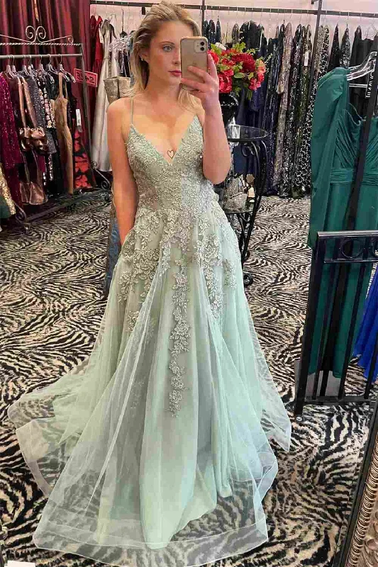 bespoke prom dressesDusty Sage A-line V Neck Applique Tulle Long Prom Dress