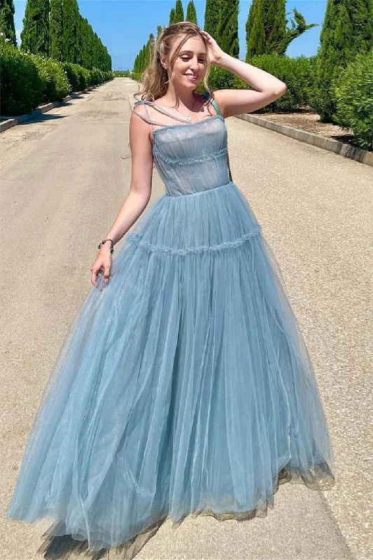 prom dress color trendsDusty Blue Tulle Bow Tie Shoulder Ruffle Long Prom Dress