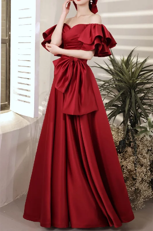 off-shoulder prom dressesA-Line Burgundy Off-the-Shoulder Bow Prom Gown