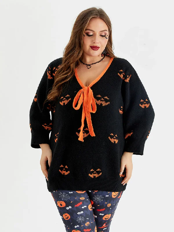 Comfortable Dressy SweatersHalloween Pattern Tie Front Sweater