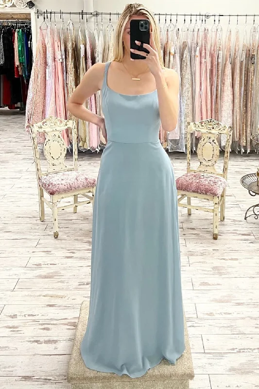 mermaid prom dressesDusty Blue Satin Scoop Neck Long Prom Dress