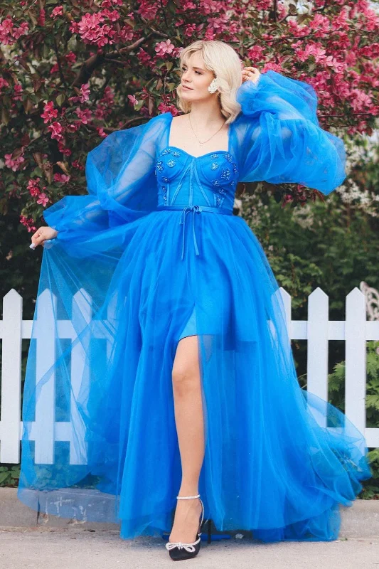 prom dress fitting adviceBlue Beaded Illusion Sleeves Tulle Long Prom Dress with Slit