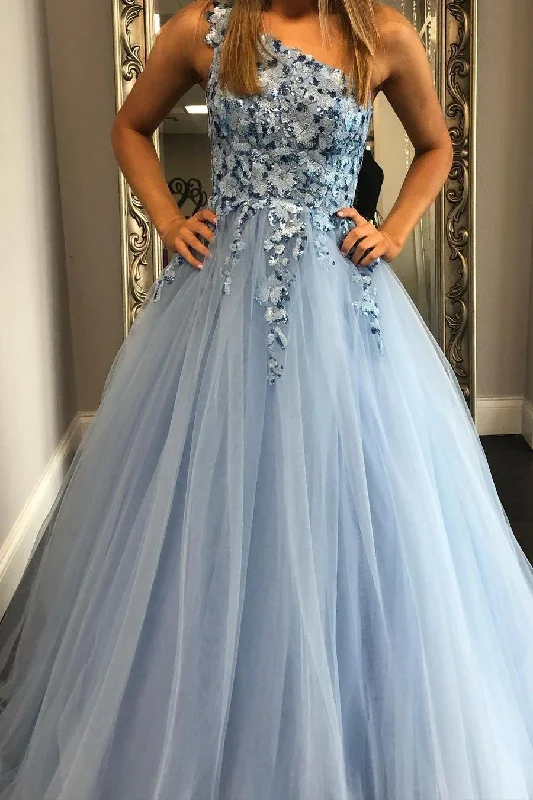 prom dresses for curve-hugging figuresOne Shoulder Blue A-line Long Prom Gown