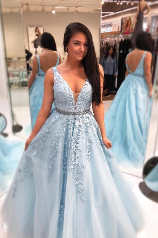 custom prom dressesLight Blue Long Prom Dress with Lace Appliques