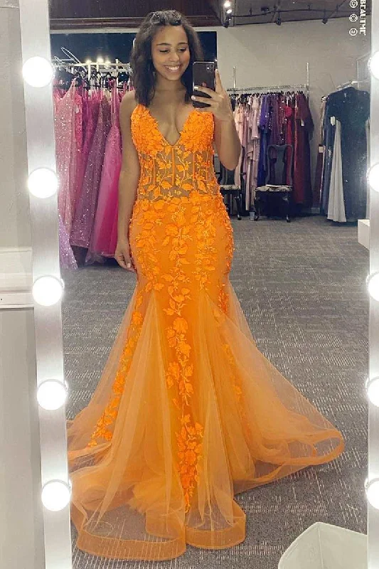 luxury prom dressesOrange Appliques V-Neck Backless Mermaid Long Prom Dress