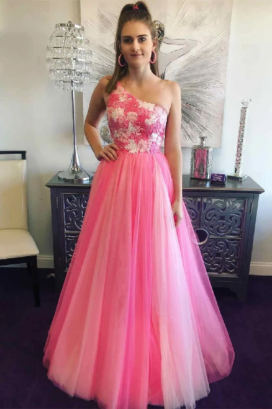 prom dresses for fallOne Shoulder Hot Pink Tulle Prom Dress with Appliques