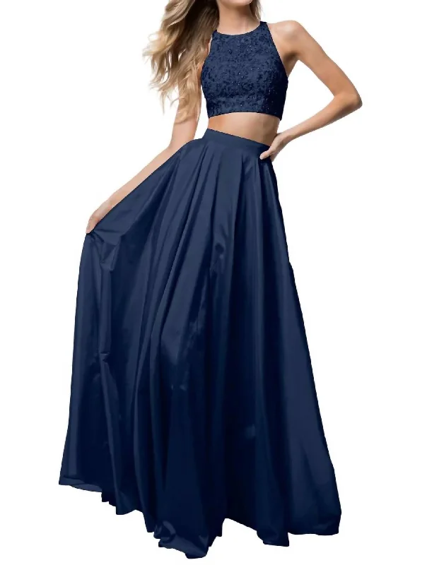 prom dresses with detachable sleevesTwo-Piece Lace Appliqued Prom Dress In Navy