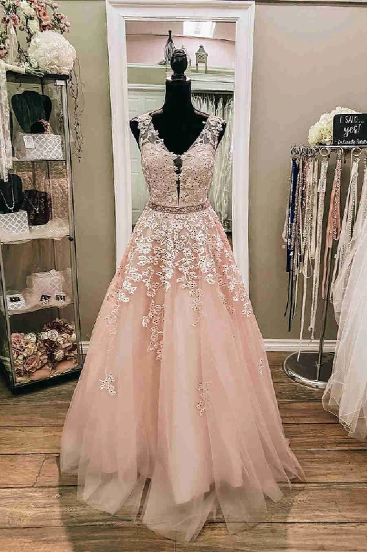 illusion neckline prom dressesV-Neck Sleeveless Pink Prom Dress with Embroidery