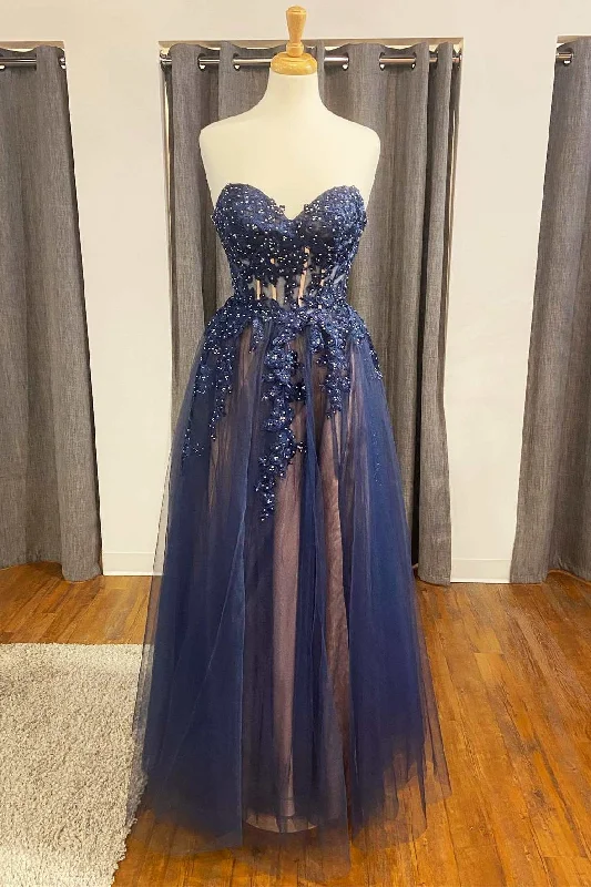 prom dresses for fallNavy Floral Appliques Strapless A-Line Prom Dress