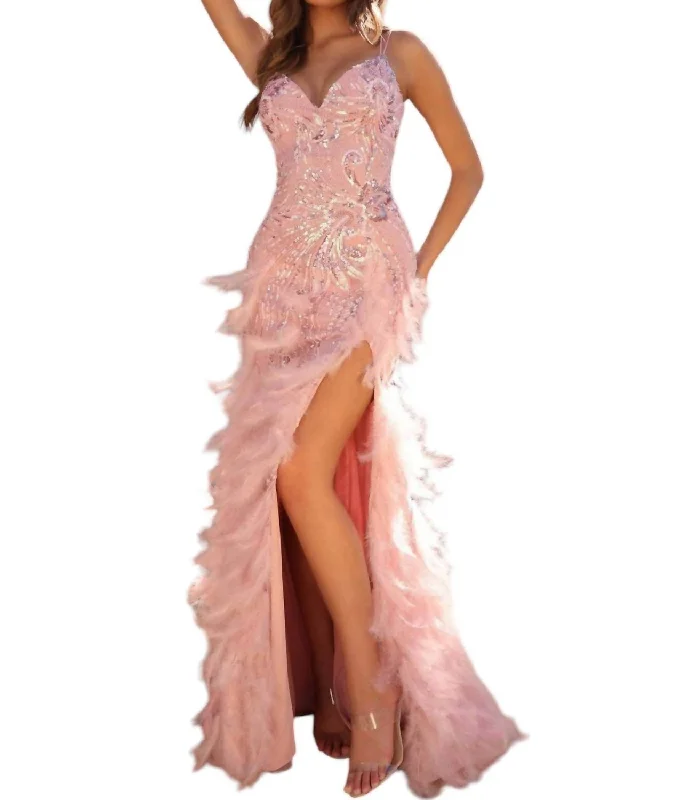 chiffon prom dressesFeathered Prom Dress In Pink