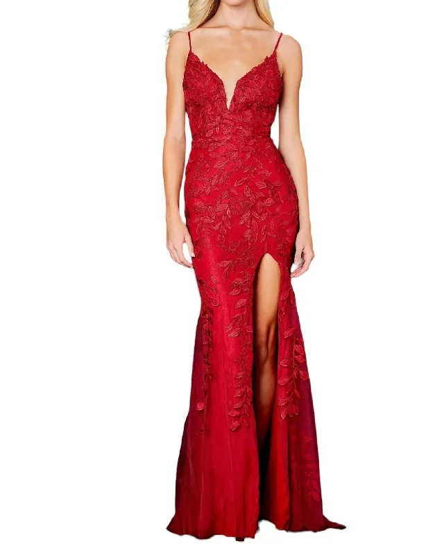 silk prom dressesLace Applique Prom Dress In Red