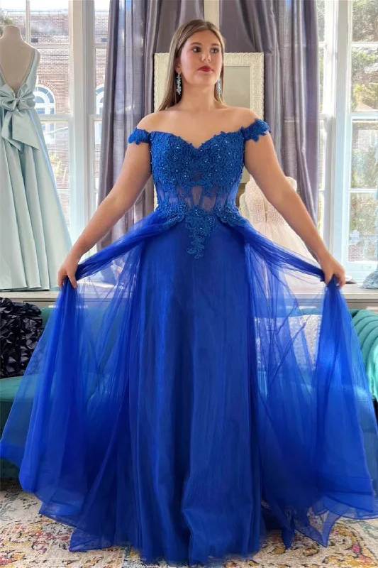 affordable prom dressesRoyal Blue Off-Shoulder Beaded Appliques Tulle Long Prom Dress