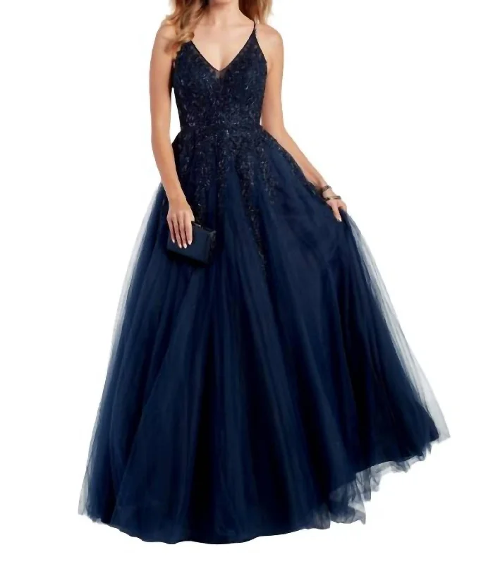 prom dresses for summerEmbroidered Tulle V-Neck Prom Dress In Midnight