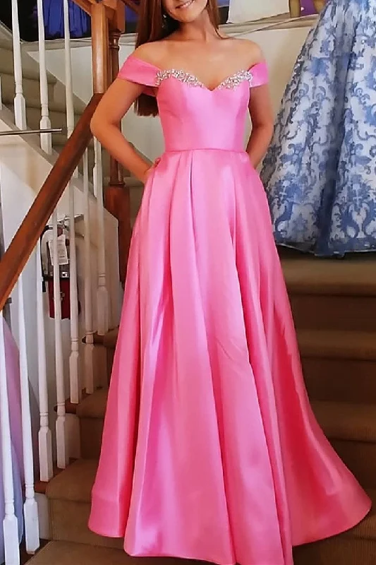 prom dress color trendsElegant Pink Beaded Off the Shoulder Prom Dress