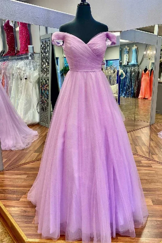 open-back prom dressesLilac Off-the-Shoulder A-Line Long Prom Dress